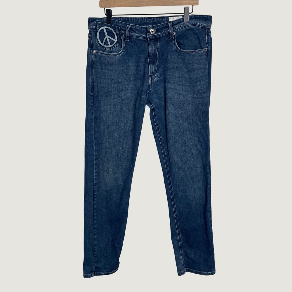 Moschino Jeans Mens 34x31 Blue Peace Logo Couture Milano Designer Denim Y2K